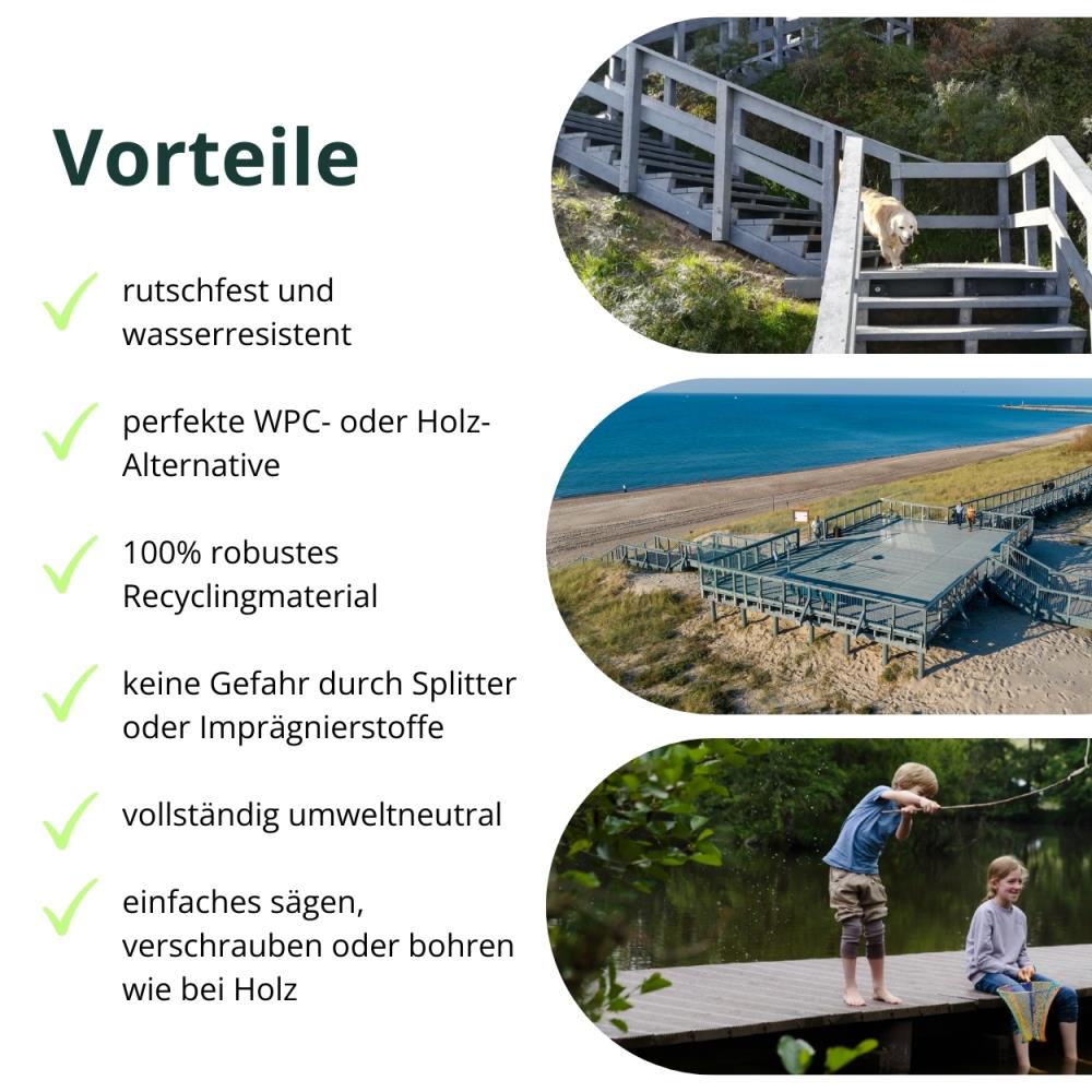 Vorteile der Stegbohlen: rutschfest, umweltneutral, keine Splitter