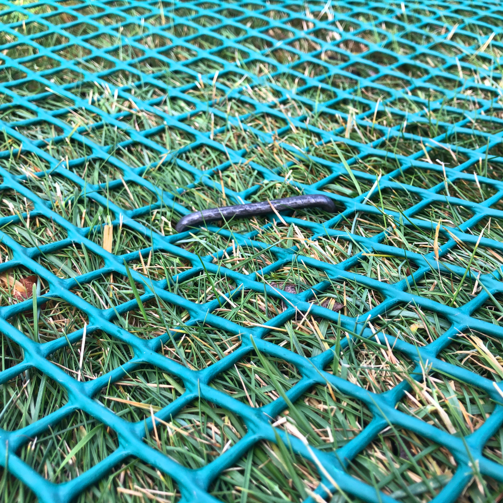 grünes Gitter auf Rasen befestigt mit einem U-Pin