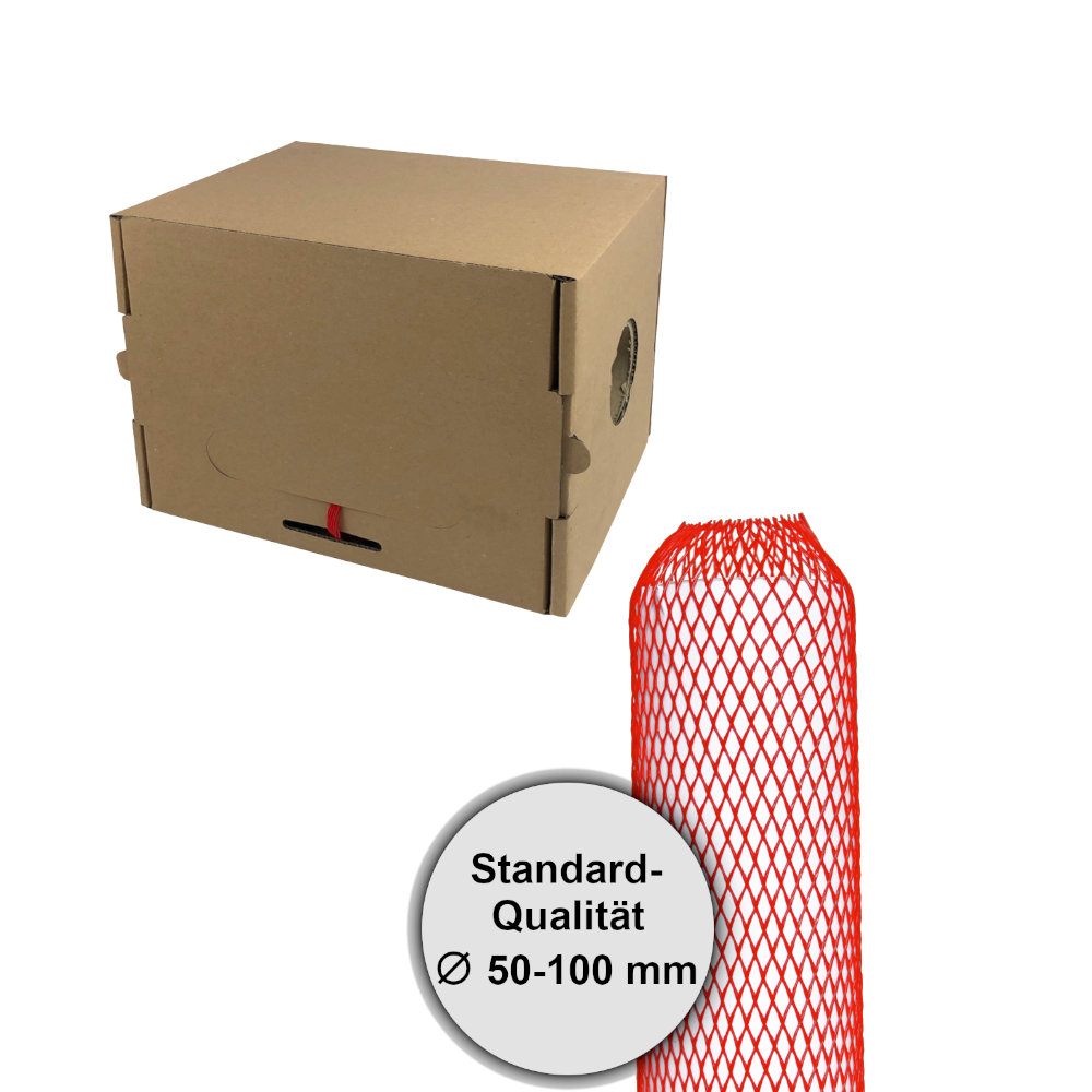 Netzschutzschlauch rot in praktischer Spenderbox und davor Netzschutzschlauch auf weissem Körper