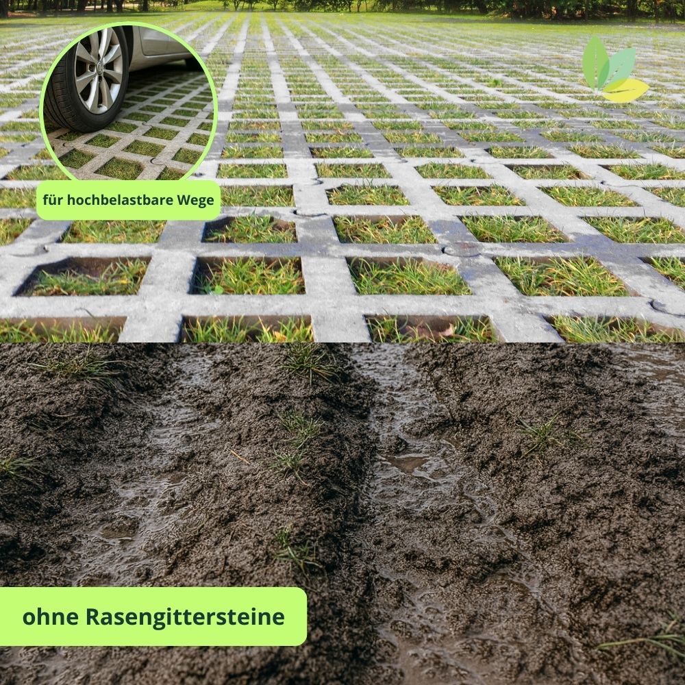Rasenparkplatz mit befahrbaren Rasengittersteinen: Vorher Nachher