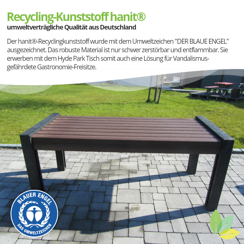 grau brauner Gartentisch HYDE PARK auf Terrasse mit Umweltzeichen Blauer Engel