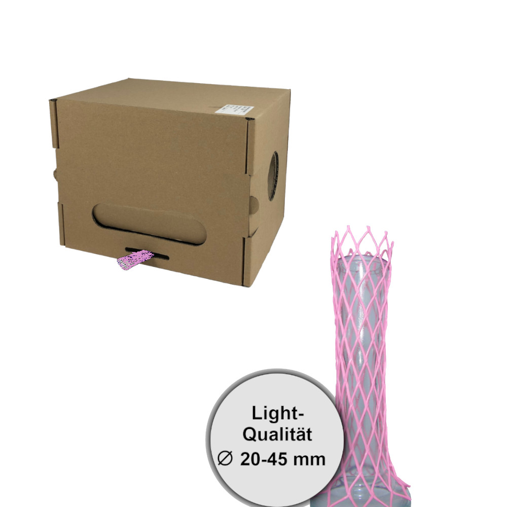 Netzschutzschlauch pink in praktischer Spenderbox und davor Netzschutzschlauch auf Vase