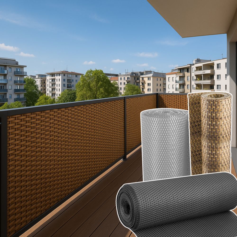Balkon Sichtschutz Verkleidung aus Polyrattan Sichtschutz an Balkon aus Rattan, verschiedene Farben gezeigt
