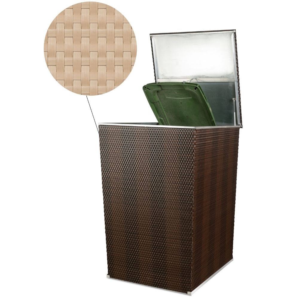 zwei Mülltonnen verkleidet mit Rattan Mülltonnenverkleidung. Die Deckel sind offen