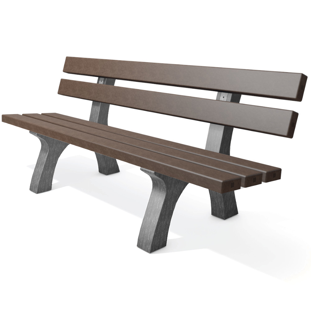 braune Gartenbank mit Rückenlehne in einem Park mit herbstlichen Hintergrund