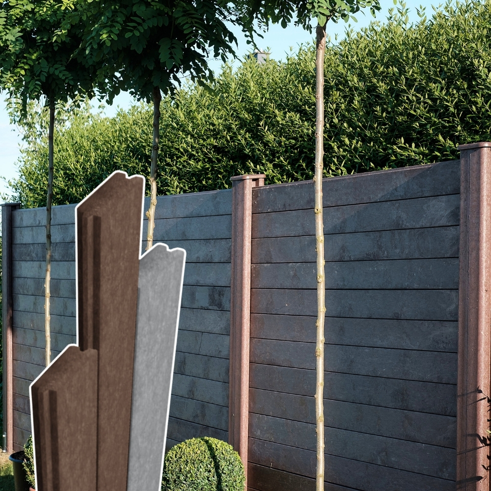 Brettprofil mit Nut und Feder in braun und grau als Sichtschutzwand mit Säulen