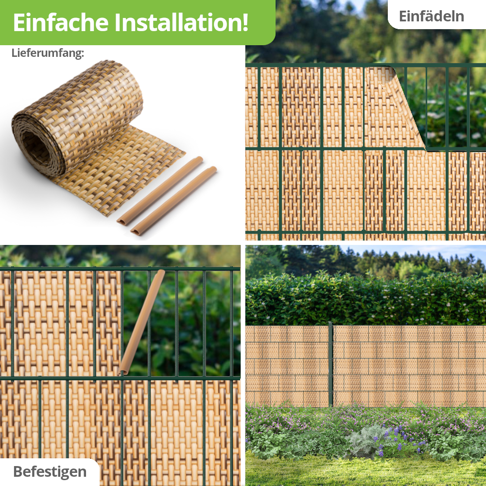 Rattan Sichtschutz-Streifen 255cm x 19cm, inklusive Clips, braun - VORBESTELLUNG