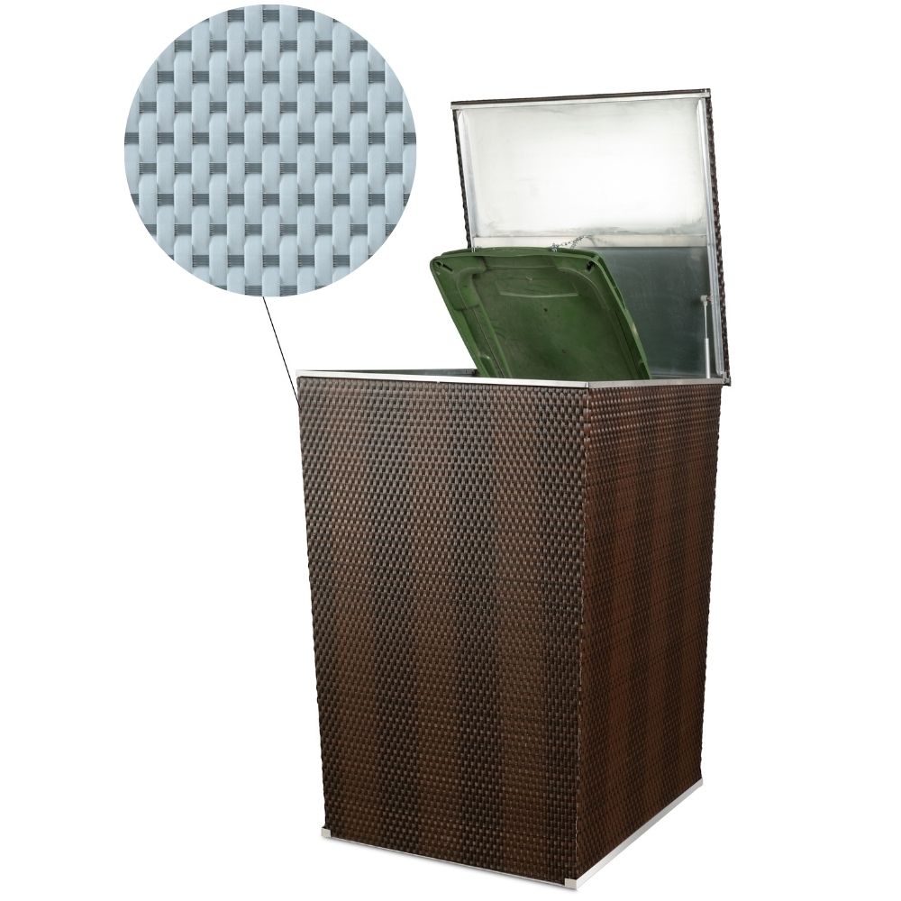 Rattan Mülltonnenbox, Mülltonnenverkleidung, 117cm x 82,5cm x 82,5cm zwei Mülltonnen verkleidet mit Rattan Mülltonnenverkleidung. Die Deckel sind offen