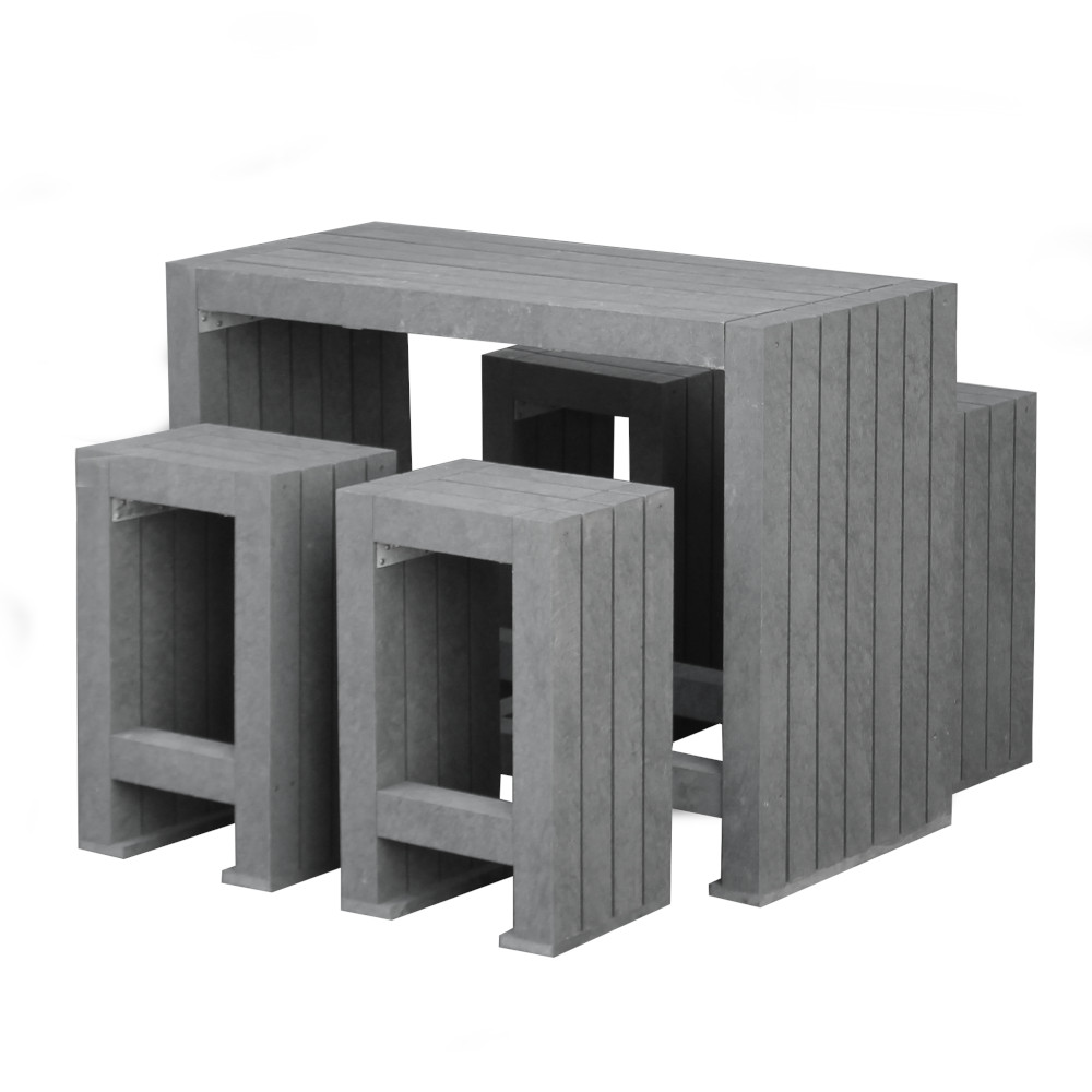 hellgrauer Stehtisch mit 4 Hockern