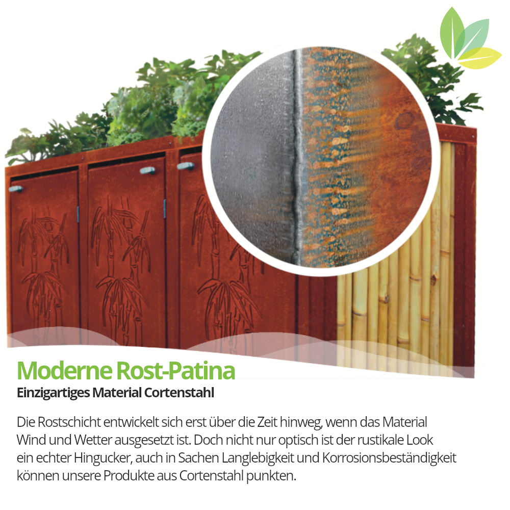 Rostbraune Mülltonnenbox, dreitürig mit Motivdesign und Seiten aus Bambus, Dach bepflanzt.