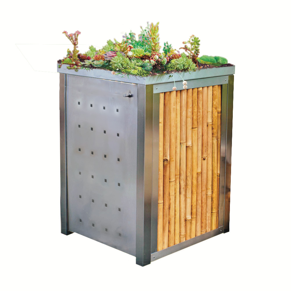 Mülltonnenbox aus Edelstahl mit Bambusverkleidung und Lochblech-Tür