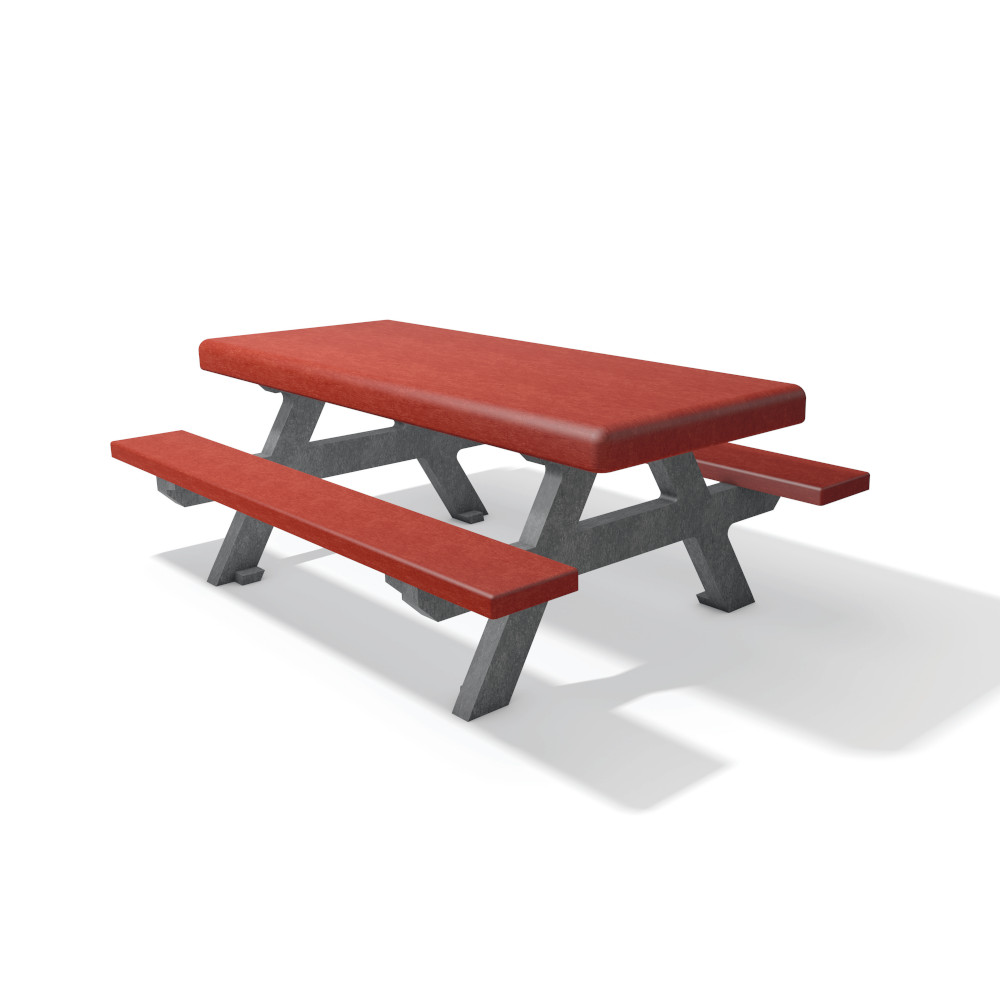 grau-blaue Kindersitzgruppe aus Recyclingkunststoff auf Holzpellets vor Wiese mit spielenden Kindern