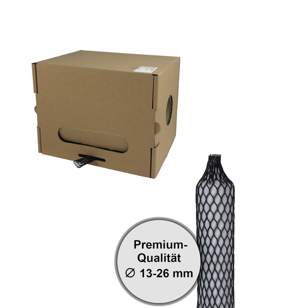 Netzschutzschlauch schwarz in praktischer Spenderbox und davor Netzschutzschlauch auf weissem Körper