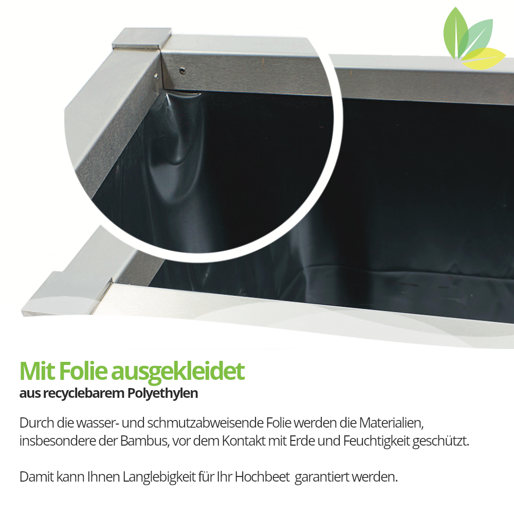 Darstellung der Innenseite des Hochbeets, welche mit Folie ausgekleidet ist