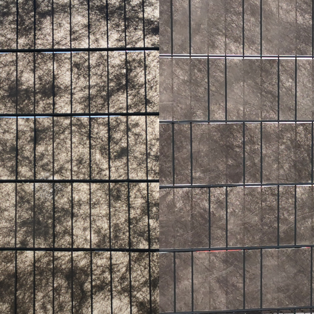 mamorierte Struktur der Sichtschutzstreifen von beiden Seiten des Zaunes sichtbar