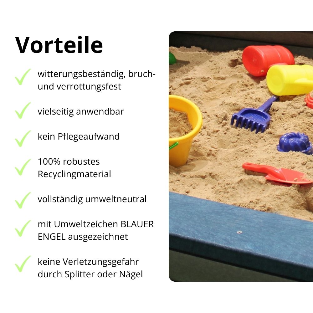 Vorteile des Sandkastens: wetterfest, umweltneutral, nach DIN71-3 zugelassen