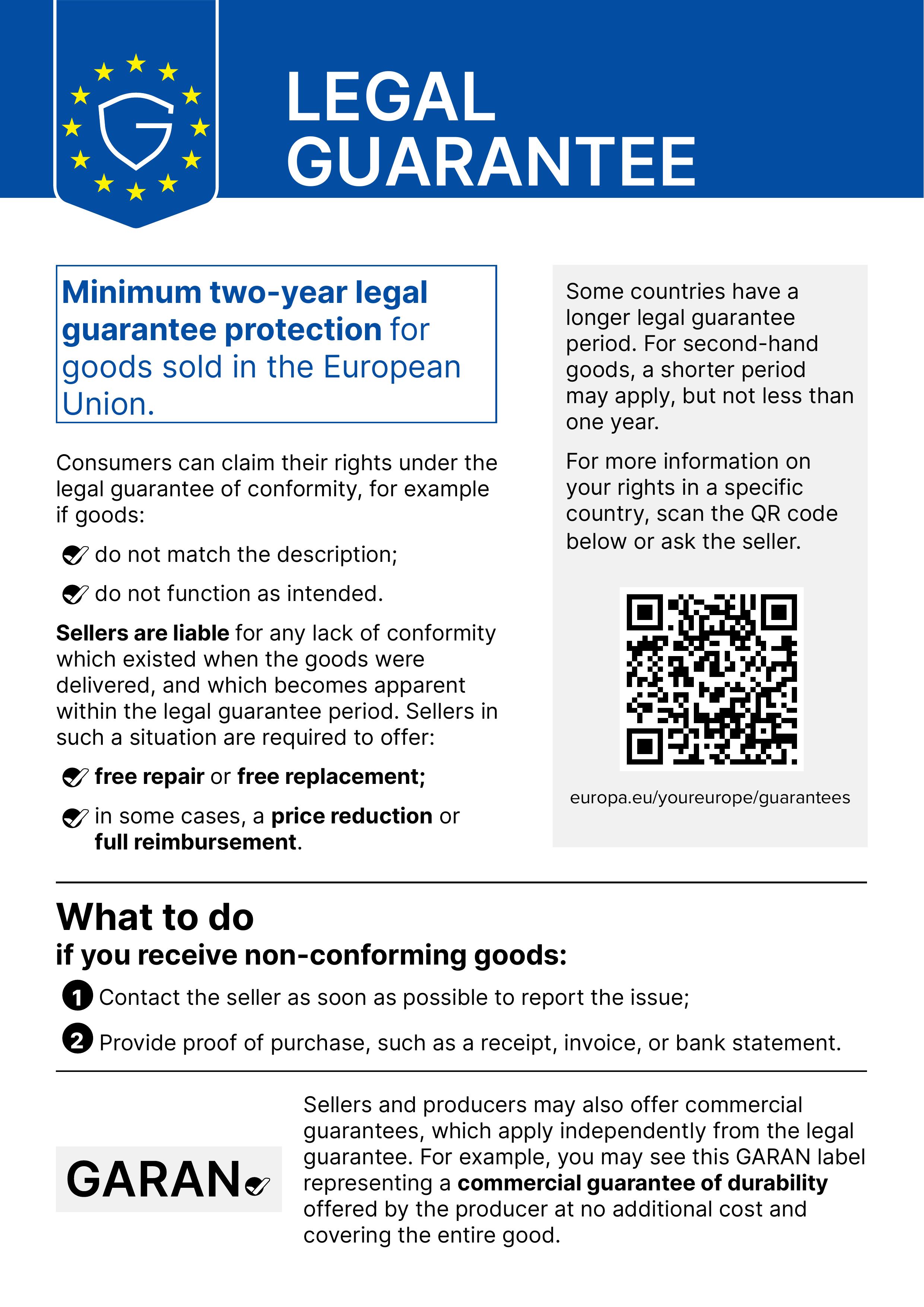 EU Label for the Statutory Warranty: This product is covered by a statutory warranty. For more information, please scan the QR code in the image or follow the URL below the QR code.