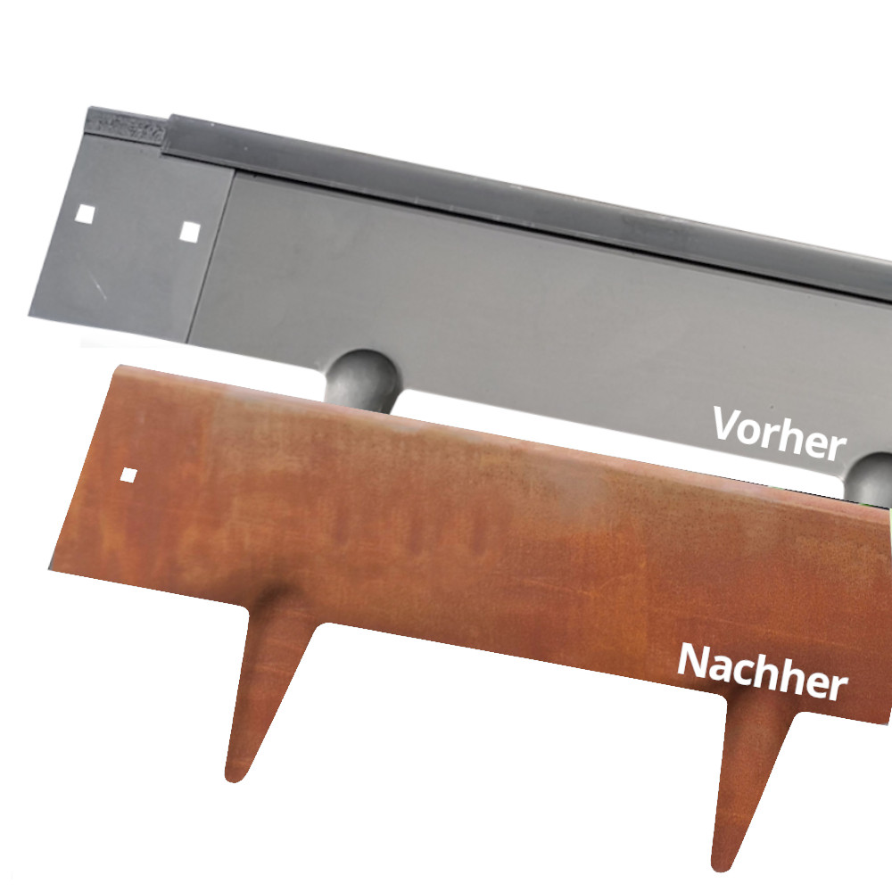 Verlauf: Geliefert wird Stahlfarben, welches zu Cortenstahl oxidiert