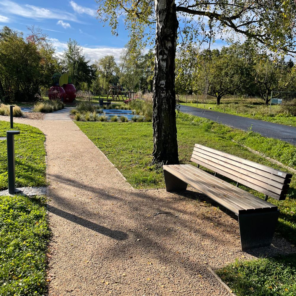 Ein Weg durch einen Park mit einer Holzbank, Bäumen und Sträuchern.