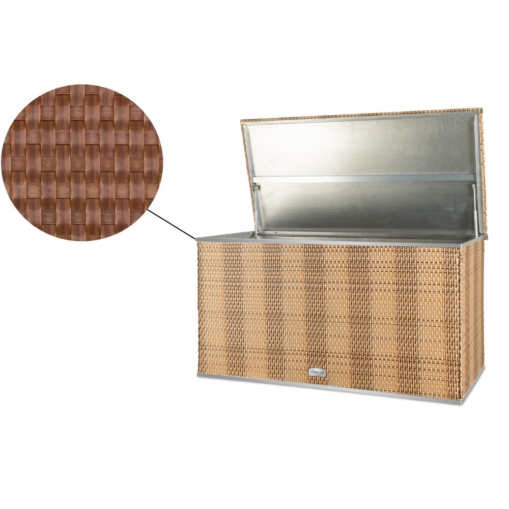 Rattan Auflagenbox, Kissenbox wasserdicht, 115cm x 60cm x 60cm Rattan Kissenbox in strohfarben auf einer Veranda