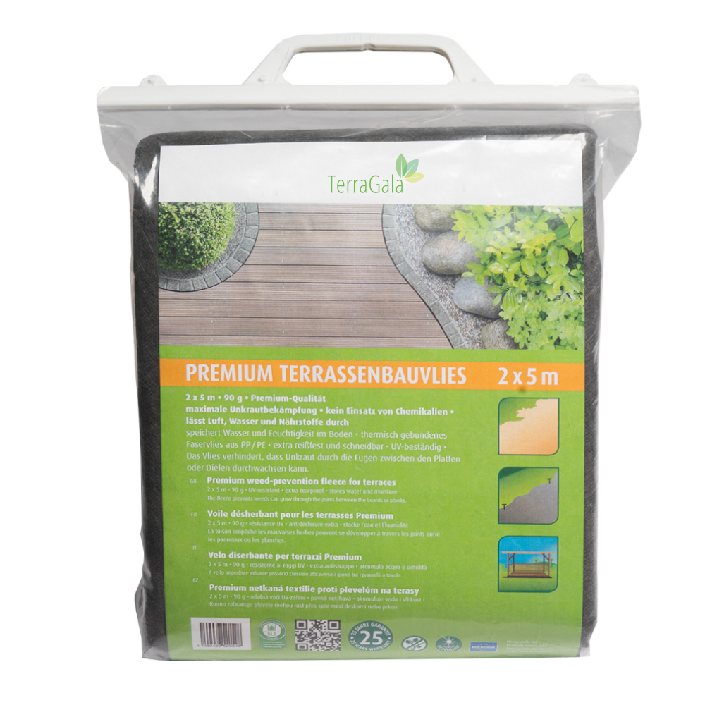 dunkelgraues Terrassenbauvlies in Tüte vor weißem Hintergrund