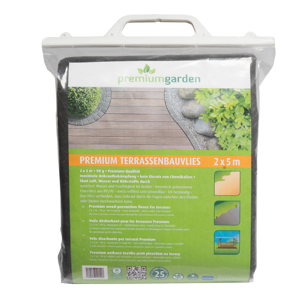 premiumgarden Terrassenvlies (90g/m²), Unkrautvlies speziell für den Terrassenbau, 2m x 5m, grau