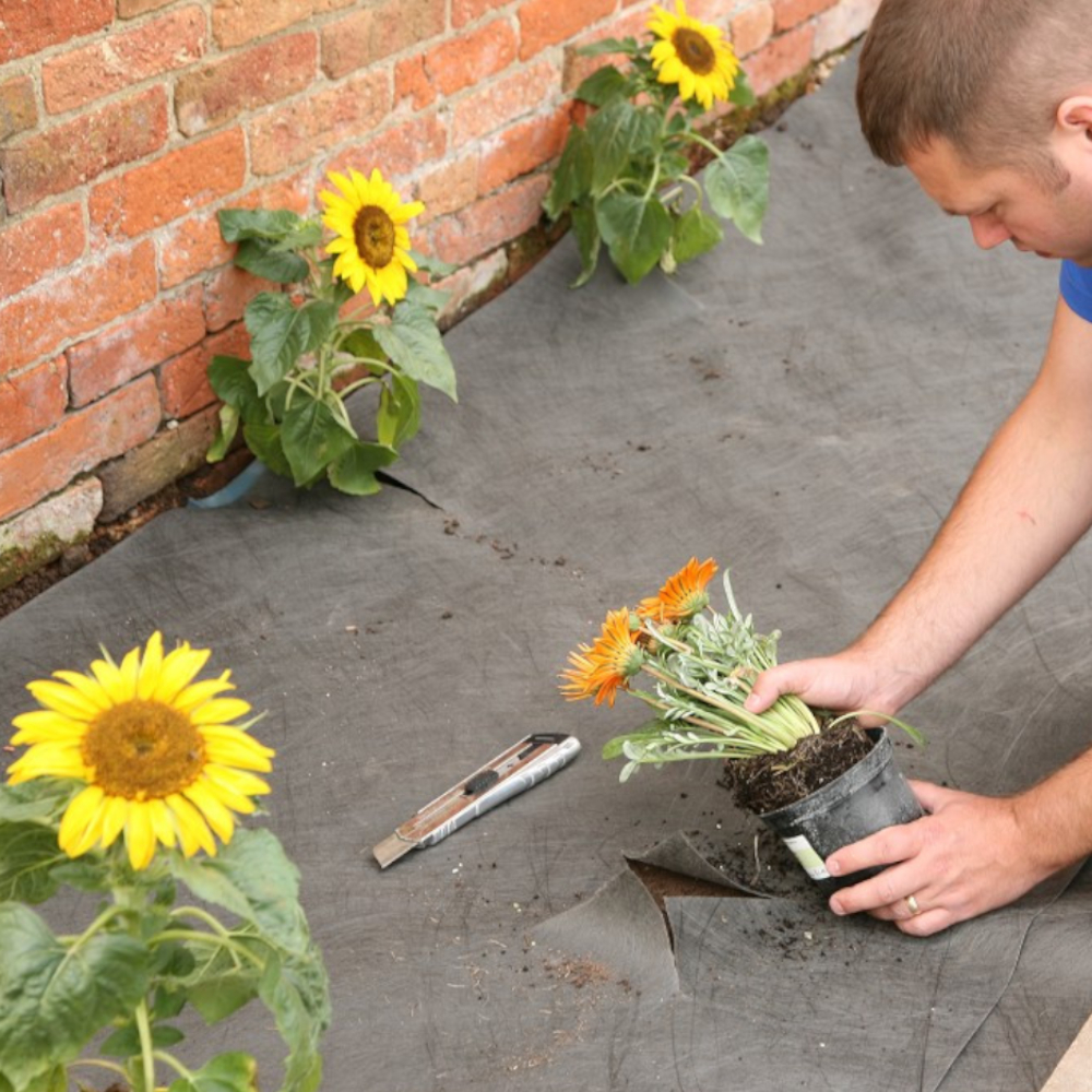 Unkrautvlies wurde verlegt und passend mit einem Cuttermesser zugeschnitten für Blumen