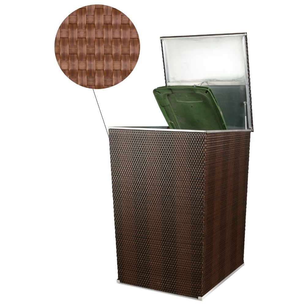 Rattan Mülltonnenbox, Mülltonnenverkleidung, 117cm x 82,5cm x 82,5cm zwei Mülltonnen verkleidet mit Rattan Mülltonnenverkleidung. Die Deckel sind offen
