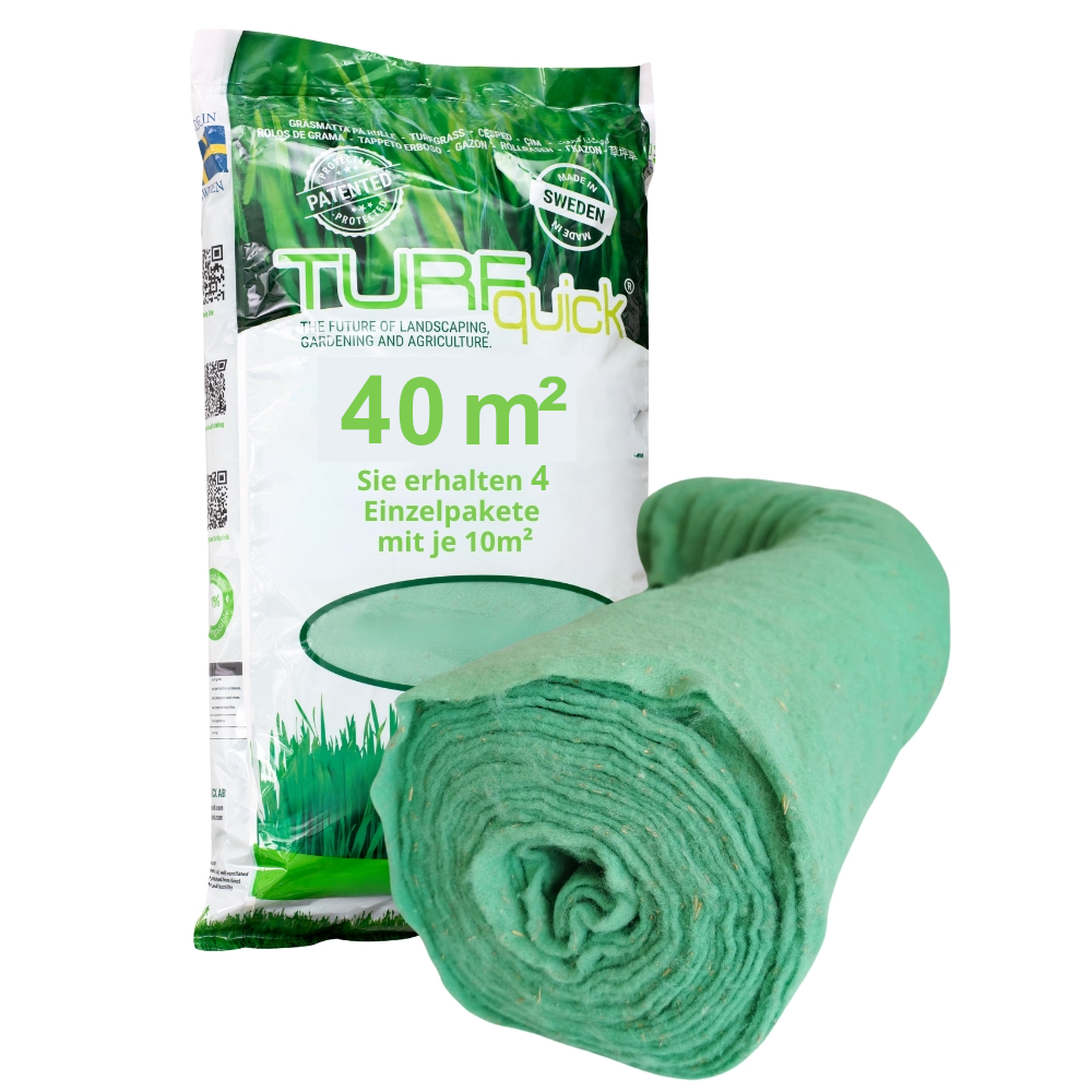 TURFquick Masterline Premium - Rasenvlies für gepflegten Zierrasen Verpackung TurfQuick Rasensamenvlies und Vliesstruktur