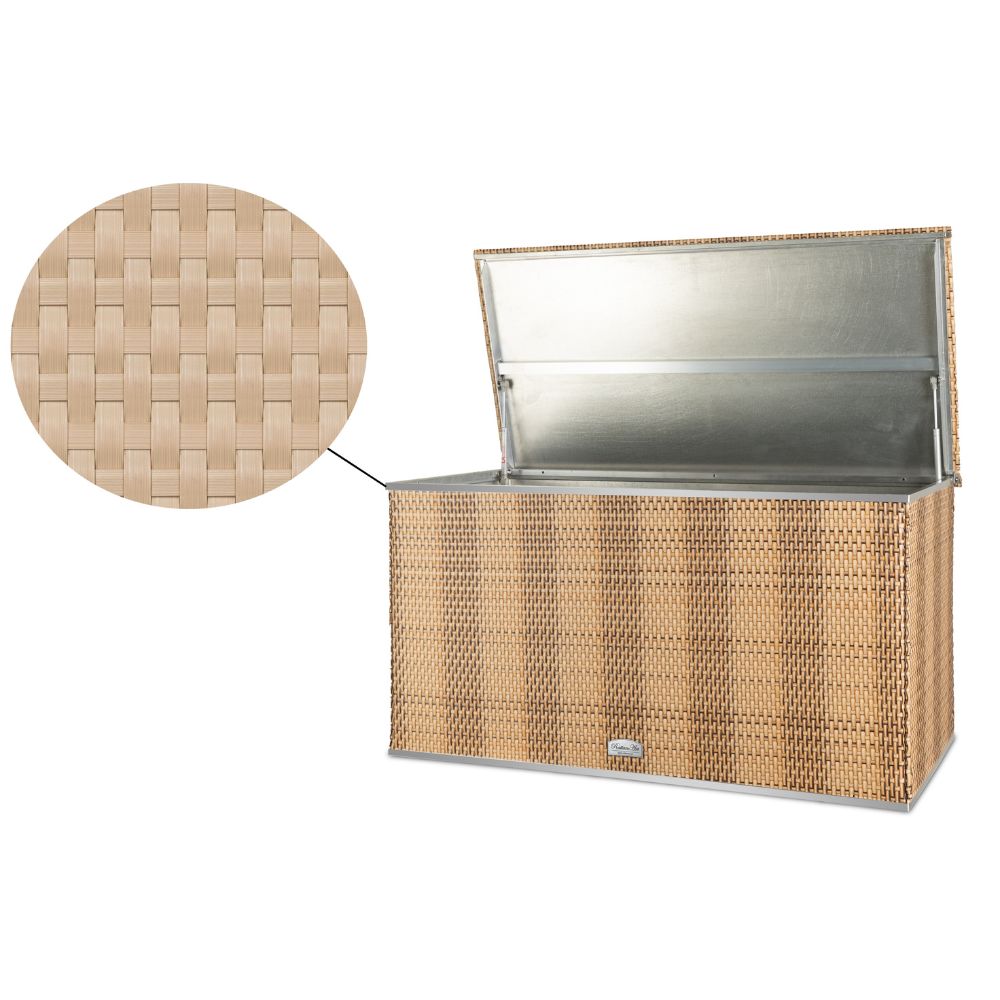 Rattan Auflagenbox, Kissenbox wasserdicht, 115cm x 60cm x 60cm Rattan Kissenbox in strohfarben auf einer Veranda
