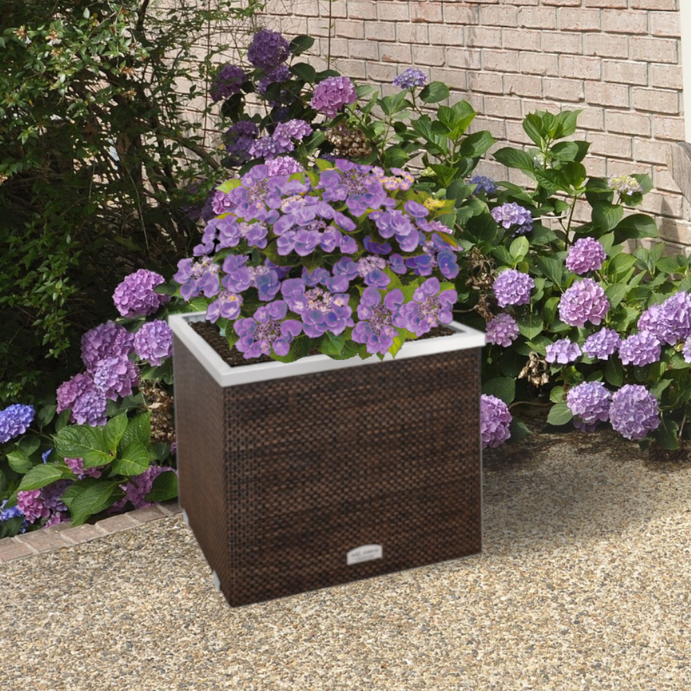 Brauner Pflanzkübel in Rattanoptik mit lila Blumen bepflanzt