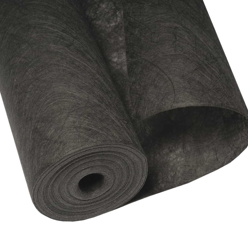 premiumgarden Unkrautvlies auf der Rolle, Gartenvlies zur Unkrautbekämpfung, 90g/m², 1m Breite, grau dunkelgraue Unkrautvlies Rolle vor einem Gartenweg aus Kies und Stufen