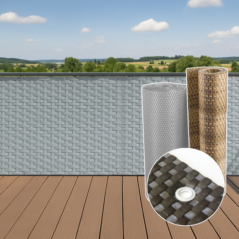 Balkon Sichtschutz mit Metall-Ösen aus Polyrattan Rattansichtschutz mit Nahaufnahme von Metallöse