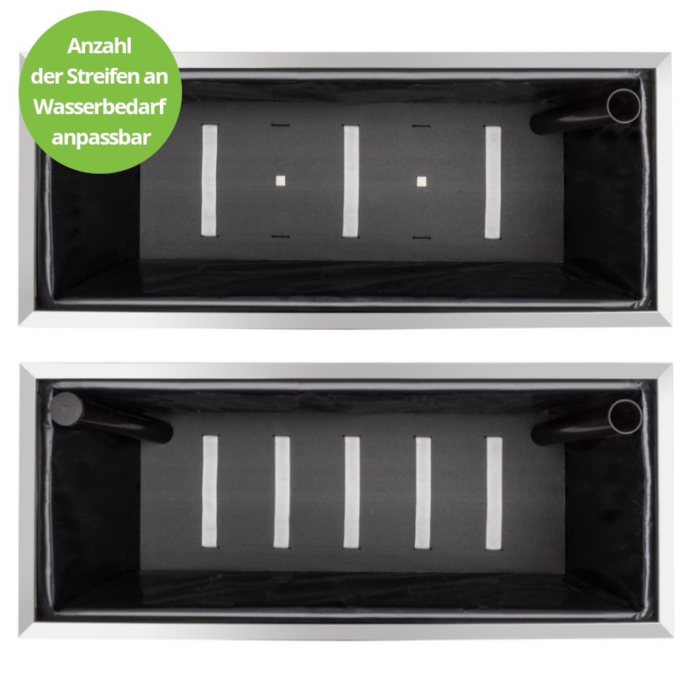 Anzahl der Streifen an Wasserbedarf anpassbar. Wassertank von oben gezeigt