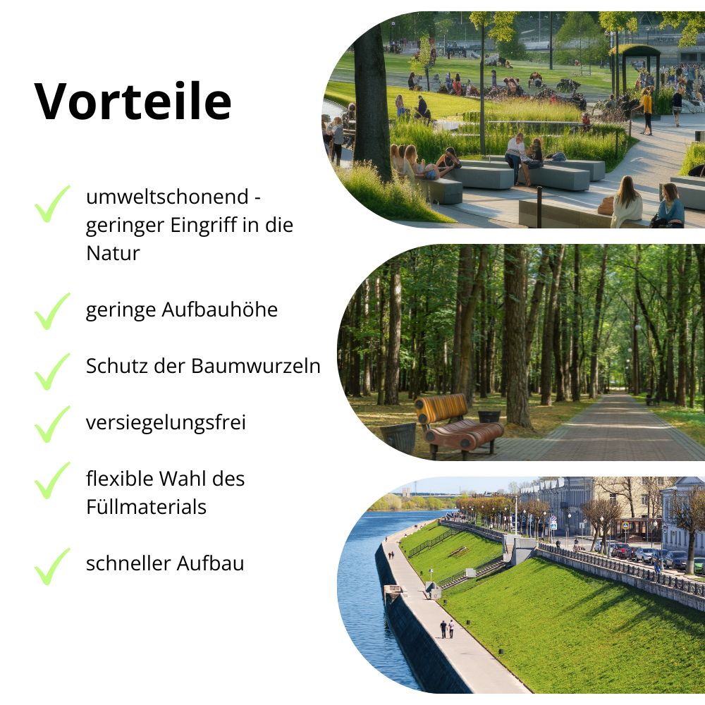 Vorteile einer Geozellen: umweltfreundlich, geringe Aufbauhöhe, Schutz der Baumwurzeln, versiegelungsfrei, flexible Wahl des Fullmaterials, schneller Aufbau.