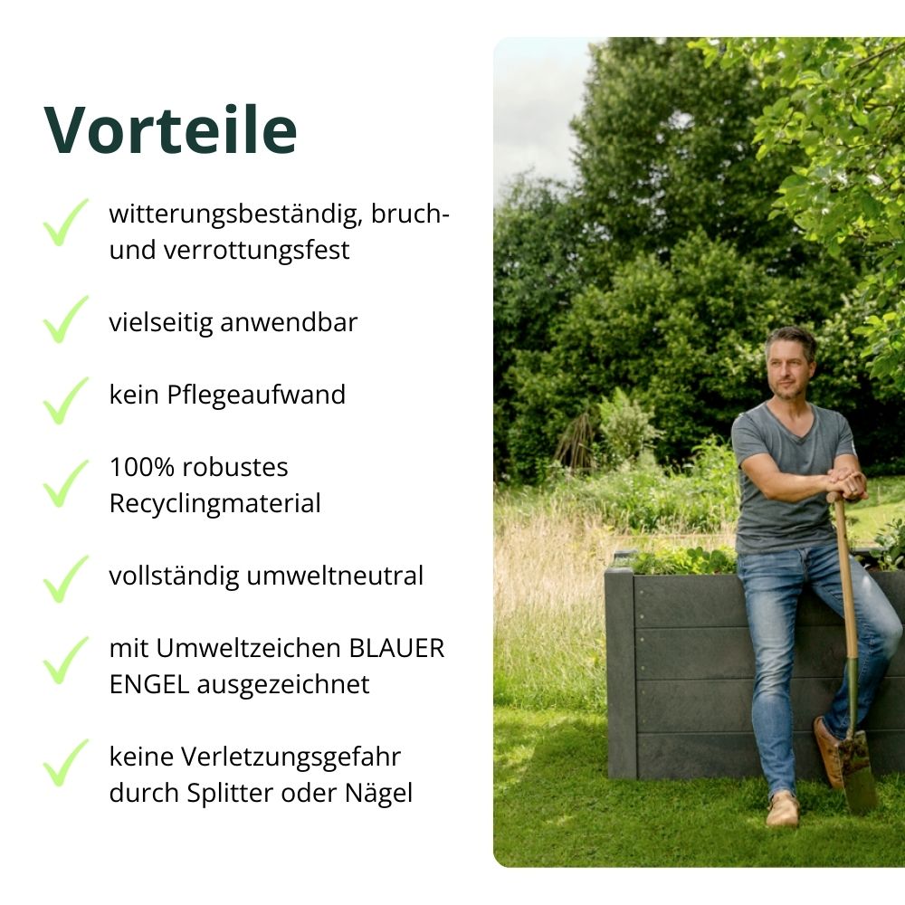 Mann steht vor Hochbeet mit Schaufel, keine Verletztungsgefahr durch Splitter oder Nägel