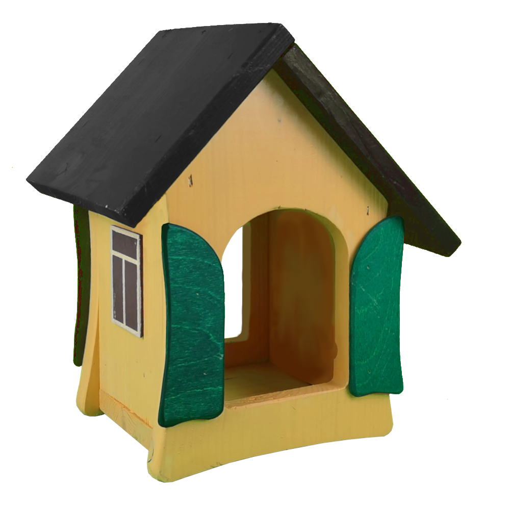 Bunte Vogelhäuschen aus Holz, handgefertigte Unikate aus WfbM-Produktion, 25 x 19 x 30cm bunte Vogelhäuschen auf Stab gesteckt auf Wiese vor Busch von der Lebenshilfe Leipzig e.V.