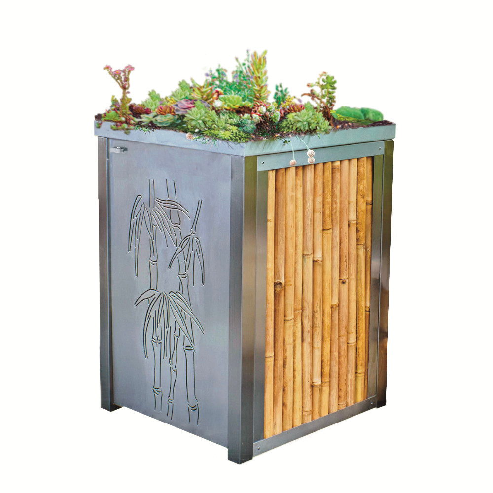 Mülltonnenbox aus Edelstahl mit Bambusverkleidung und Motivtür Mülltonnenbox mit Bambus Motivtür aus Edelstahl, Bambusrohren und Gründach