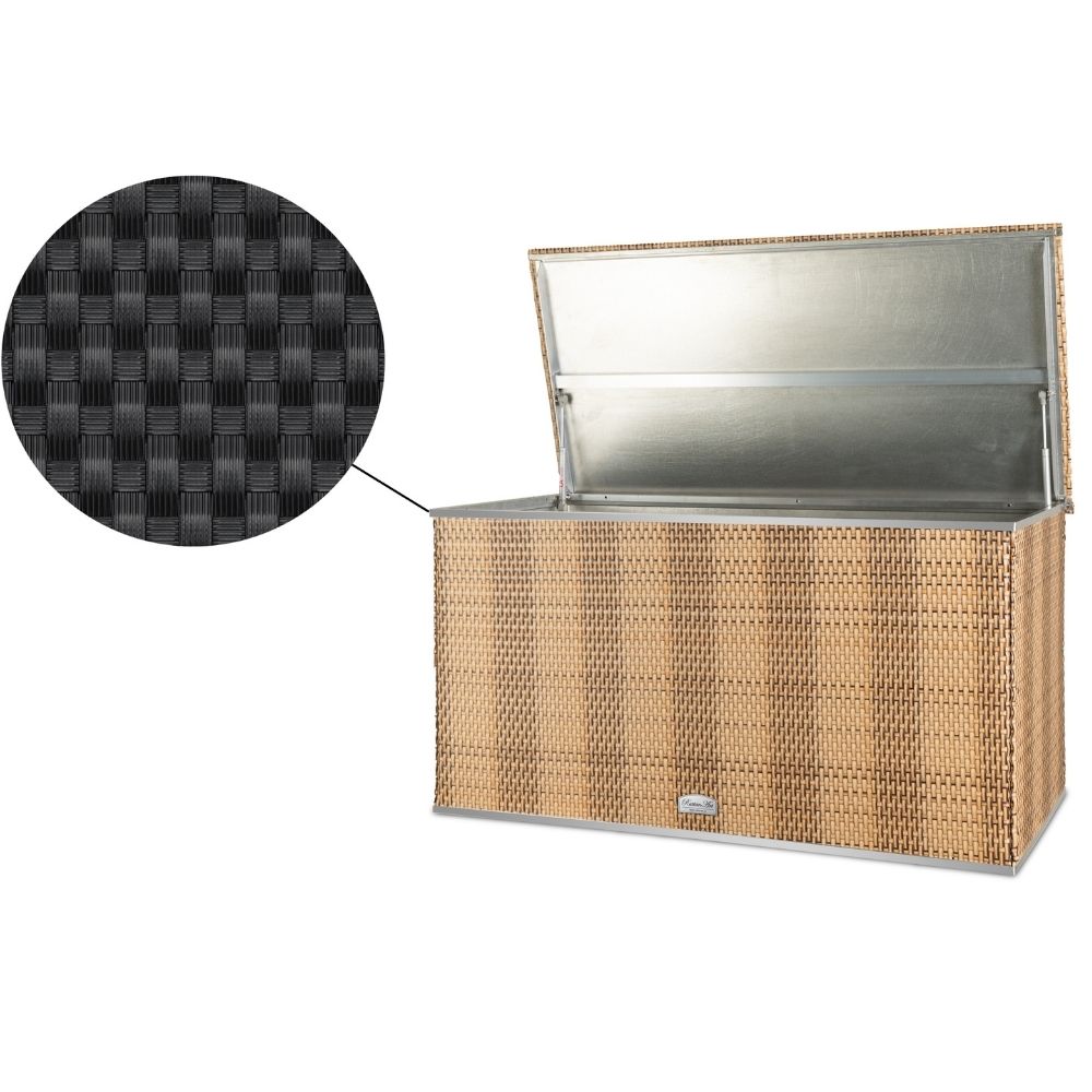 Rattan Auflagenbox, Kissenbox wasserdicht, 115cm x 60cm x 60cm Rattan Kissenbox in strohfarben auf einer Veranda