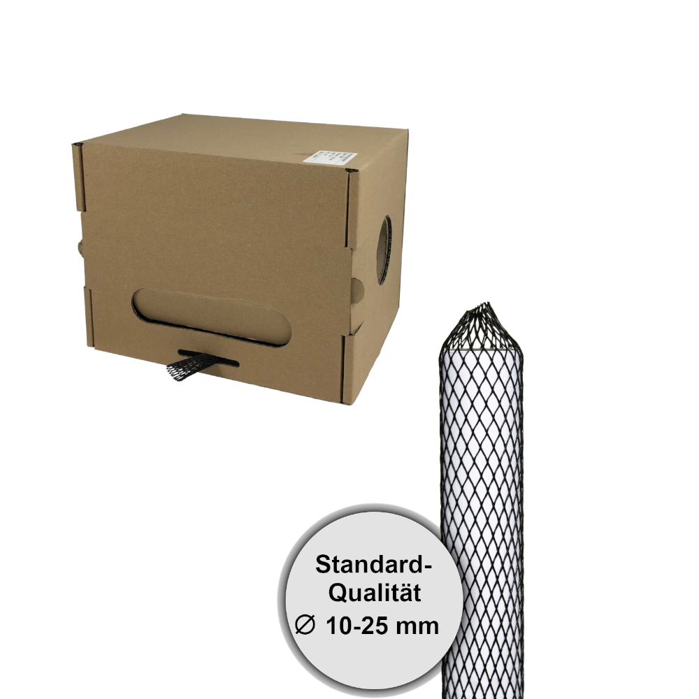 Netzschutzschlauch schwarz in praktischer Spenderbox und davor Netzschutzschlauch auf weissem Körper