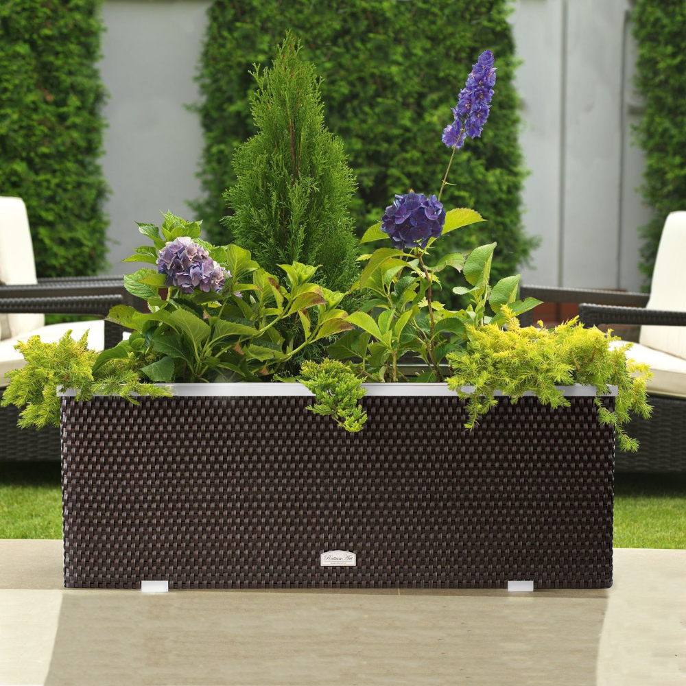 Rattan Pflanzkübel mit Bewässerungssystem, 95cm x 39cm x 43xm, beige-braun