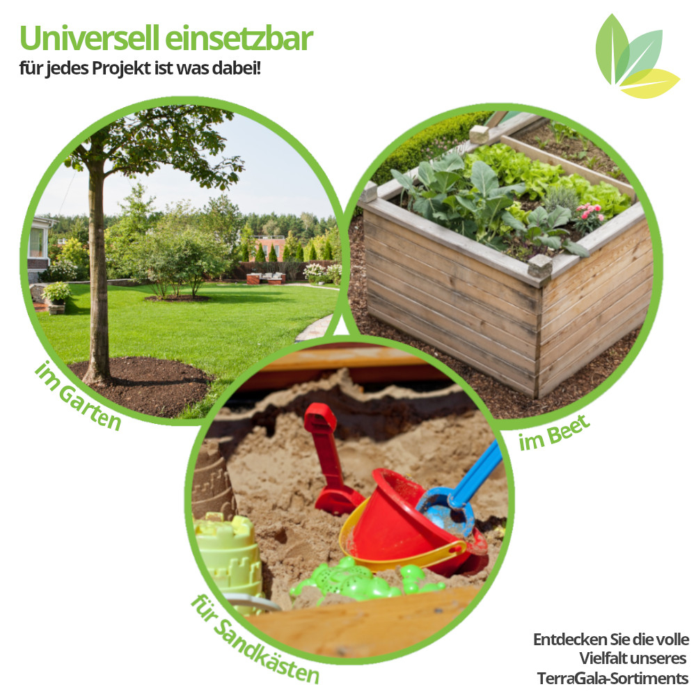 3 Butteons mit Baum auf Wiese, Hochbeet bepflanzt, Sandkasten mit Spielzeug