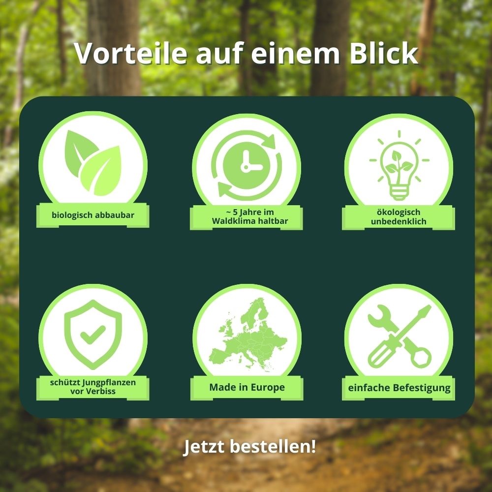 Vorteile in Icons: biologisch abbaubar, ökologisch unbedenklich, einfache Befestigung