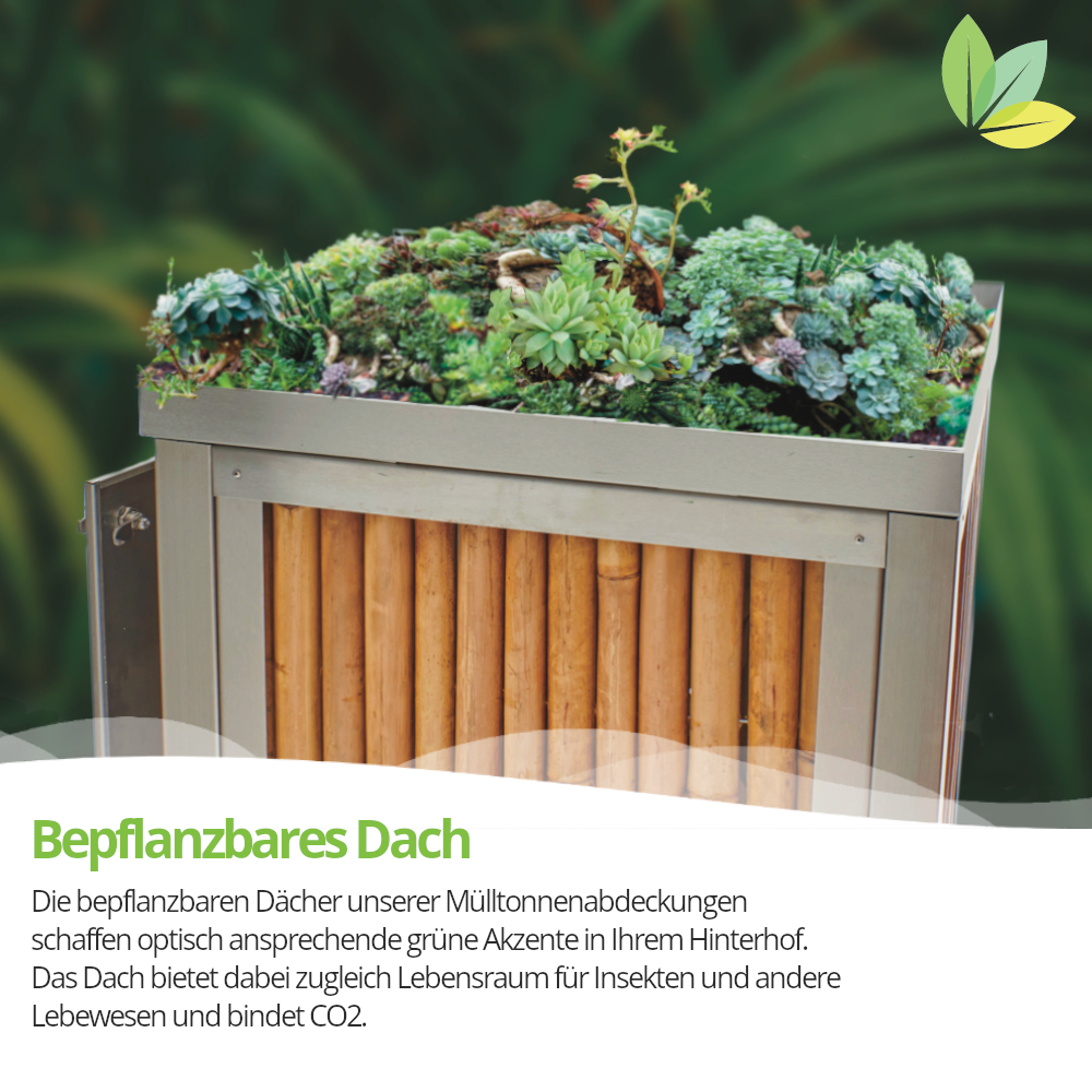 Mülltonnenbox mit Edelstahl-Motivtür für 2 Tonnen à 120 Liter