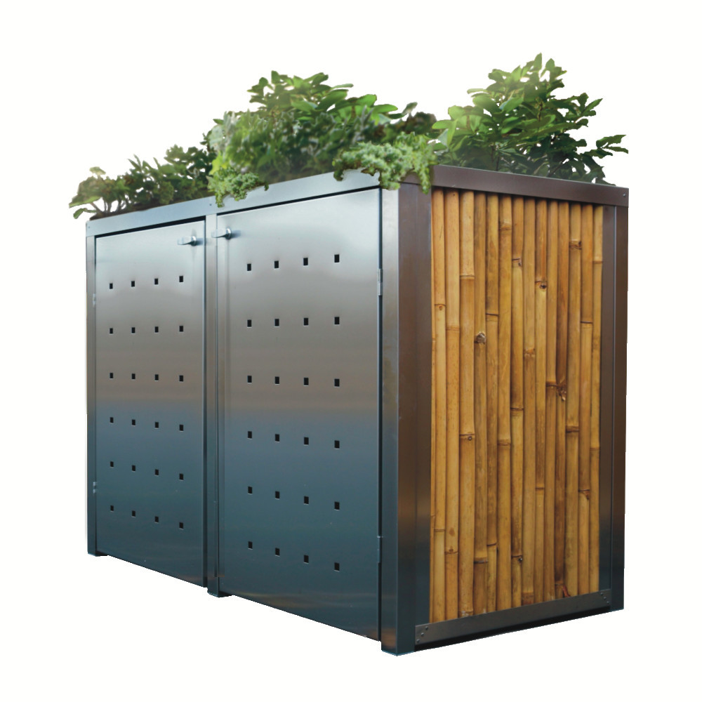 Mülltonnenbox aus Edelstahl mit Doppeltür im Lochblechdesign