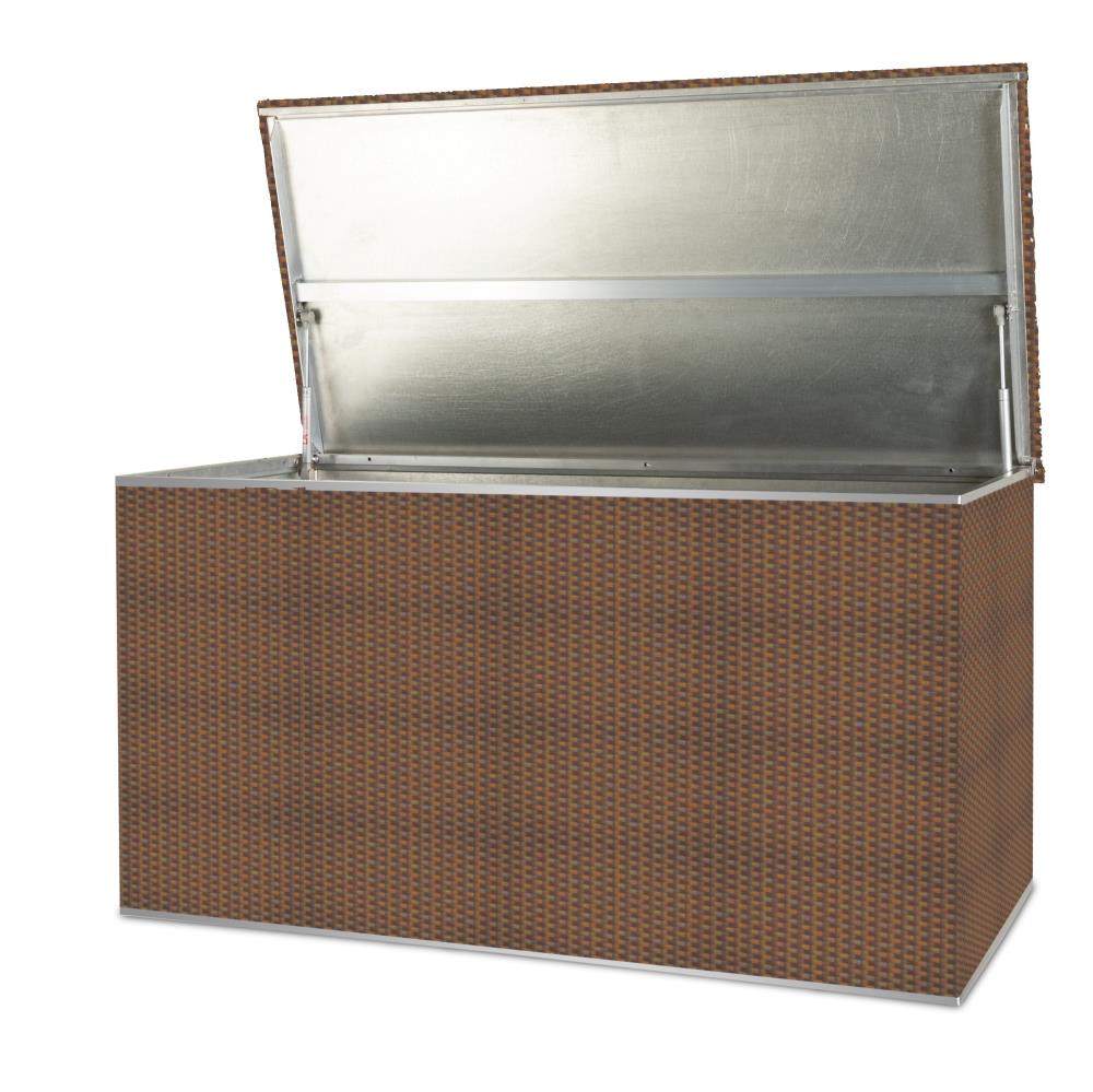 Rattan Auflagenbox, Kissenbox wasserdicht, 115cm x 60cm x 60cm Rattan Kissenbox in strohfarben auf einer Veranda