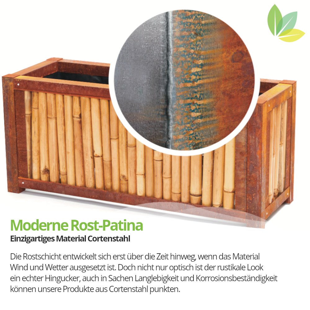Hochwertiges Hochbeet aus Bambus und Cortenstahl, 102 x 44 x 35cm