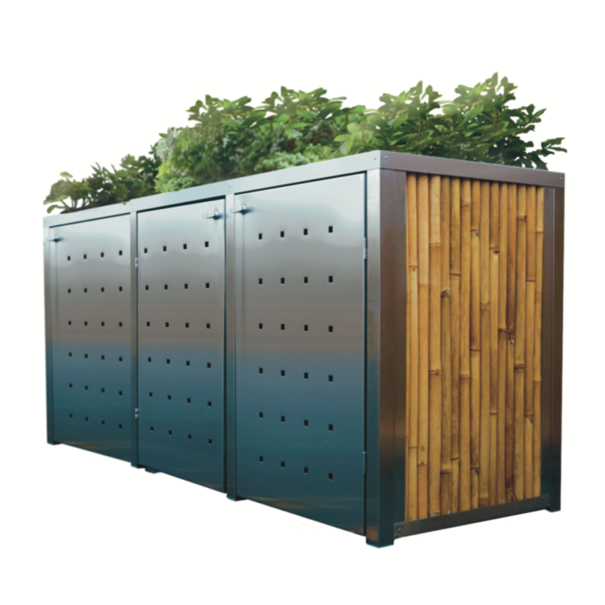 Mülltonnenbox mit Edelstahl-Lochblechtür für 3 Tonnen à 240 Liter