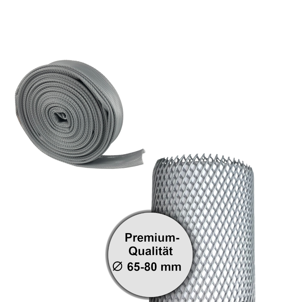 Netschutzschlauch grau als Rolle und Netzschutzschlauch auf weissem Gegenstand