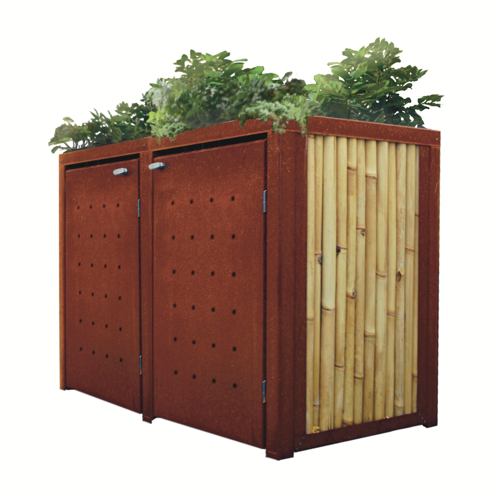 Rostbraune Mülltonnenbox mit Lochblechtür und Seiten aus Bambus, Dach bepflanzt.